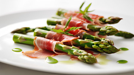 Asparagus wrapped in bacon on a white plate on a light table backgroundの素材