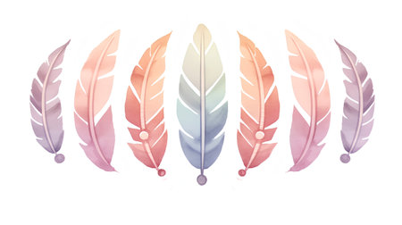Illustration of a set of feathers in pastel colors in watercolor styleの素材