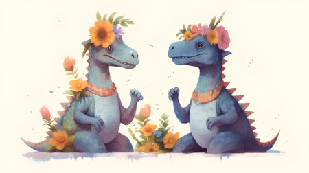 Cute watercolor dinosaurs. Flower childrens compositionの素材