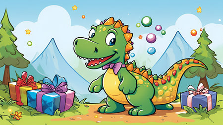 Illustration of a green dragon on the background of burners and gifts. The concept of the new year 2024の素材