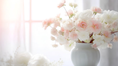 Beautiful white spring flowers in a vase on the background of the window, soft light and focusの素材