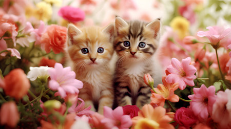 A pair of cute kitten lovers on a romantic Valentines Day, against a background of various colorsの素材