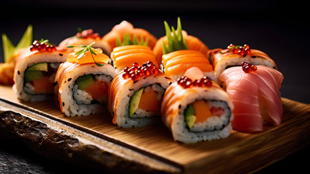 Japanese cuisine.Sushi set on a stone plate over dark concrete backgroundの素材