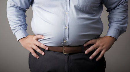 Man pressing grabbing bloated abdomen or belly as cramp flatulence constipation problem. High quality photoの素材