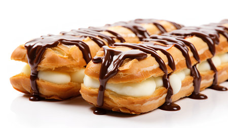 Eclair with vanilla cream and chocolate on a white backgroundの素材