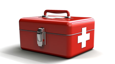 Red first aid kit. 3d image on a white backgroundの素材