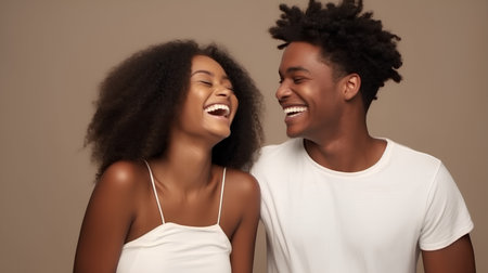 A curly-haired African-American woman laughs with a happy dark-skinned guy on a beige backgroundの素材