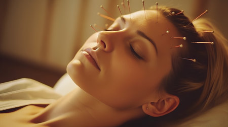 A beautiful woman in a clinic or salon on acupuncture. A face with acupuncture needlesの素材