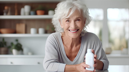 An elderly woman takes pills at home under supervisionの素材