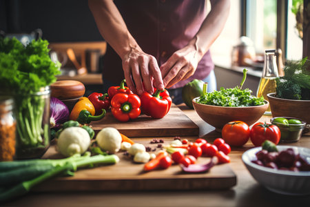 A male chef collects healthy vegetables for cooking on the background of the kitchenの素材