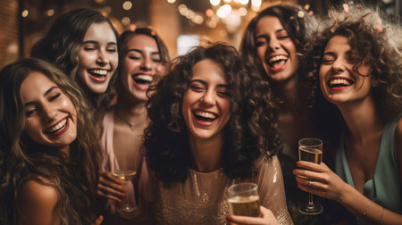 A group of happy girls is having fun and celebrating the holidayの素材