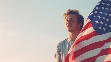 A young guy with an American flag against the sky. Americas Dayの素材
