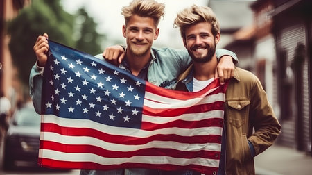 A young guy with an American flag on the background of the wall. Americas Dayの素材