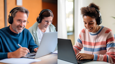 Online education distance communication for schoolchildren and teachers using a laptopの素材