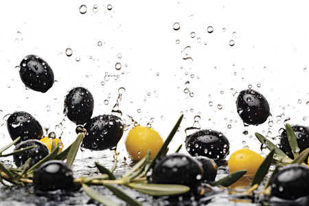 A splash of water with black ripe olives with leaves on a white backgroundの素材