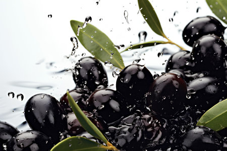 A splash of water with black ripe olives with leaves on a white backgroundの素材