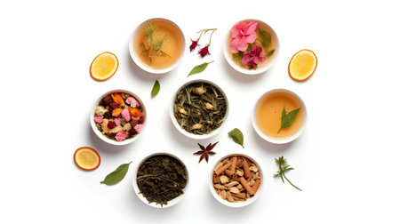 Cups with different types of tea and ingredients on the table. View from aboveの素材