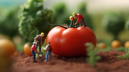 A miniature model of a gardener cutting a ripe tomato from a tomato plantの素材