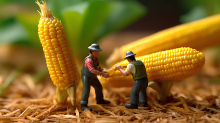 Miniature people, miniature workers destroy cornの素材