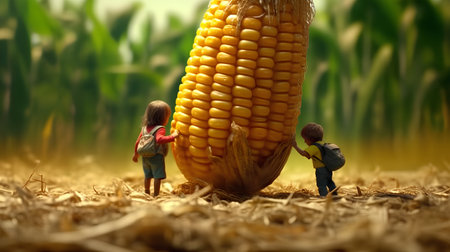 Miniature people, miniature workers destroy cornの素材