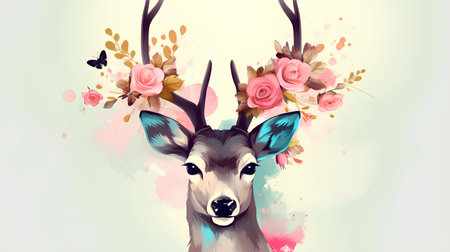Watercolor deer, spring, Easter, summer, flowers, wreathの素材