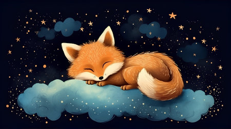 Good night. A postcard with a cute fox sleeping on a cloudの素材
