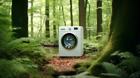 A white modern washing machine against the background of nature. Environmental materials for home appliancesの素材