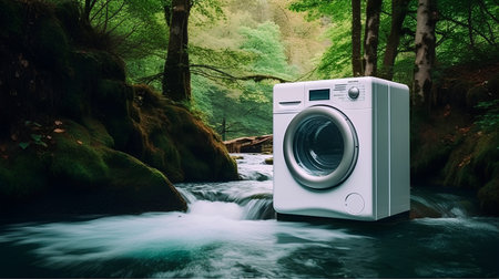 A white modern washing machine against the background of nature. Environmental materials for home appliancesの素材