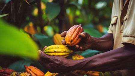 Cocoa beans and a cocoa pod in the hands of a farmer in natureの素材