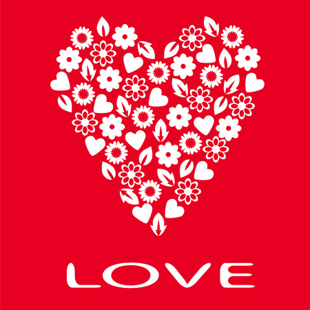 On a red background with a white silhouette of the heart from flowers , leaves and hearts.のイラスト素材