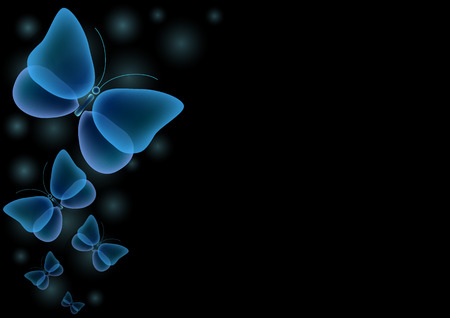 Blue moths , almost translucent in the light on a black background.のイラスト素材