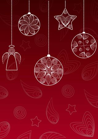 Christmas red background with hanging balls , angel and star in the technique of quilling.のイラスト素材