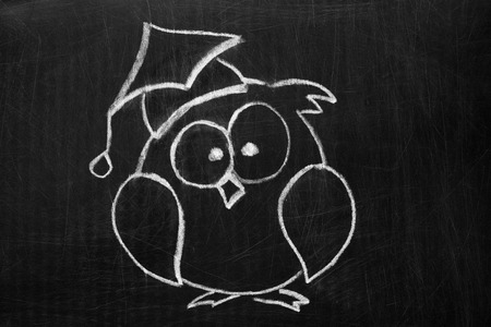 The owl in the hat on an old , scratched the chalkboard .の写真素材
