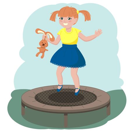 A girl with a toy in her hand jumps on a trampoline.のイラスト素材
