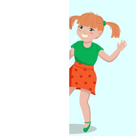 A cheerful little girl looks out from behind the wall.のイラスト素材