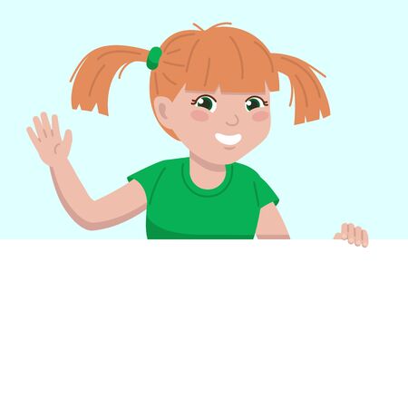 At the top, a girl looks out from behind a white wall and waves.のイラスト素材