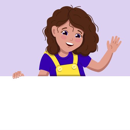The girl looks out from behind a white empty banner, waves and says Hello.のイラスト素材