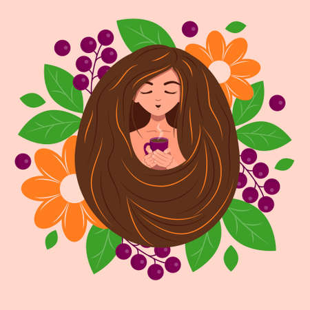 The girl holds a Cup of tea , around it tea leaves, daisies and berries.のイラスト素材