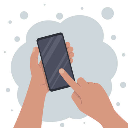 The left hand holds the phone , the index finger of the right hand presses the screen, on a blue background.のイラスト素材