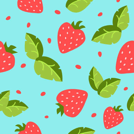 Bright and juicy seamless pattern with strawberries and leaves on a blue background.のイラスト素材