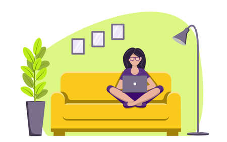 A woman sits on the sofa with a laptop on her lap and works or studies from home .のイラスト素材