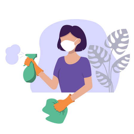 A woman in a mask and gloves cleans the room from dust and germs.のイラスト素材