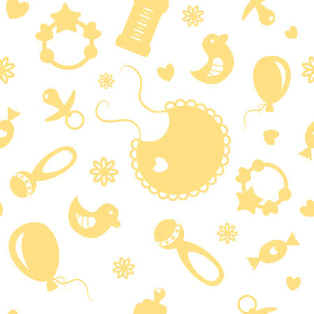 Seamless pattern in baby concept, teats, bottles, bibs and other baby symbols.のイラスト素材