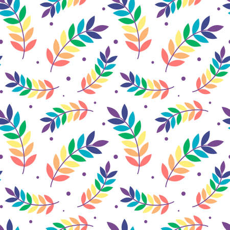 Seamless pattern with branches that have leaves of all colors of the rainbow on a white background .のイラスト素材