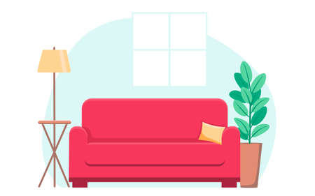 The interior of the room is in flat style with a sofa, a potted plant and a floor lamp with a table .のイラスト素材