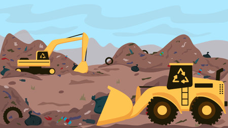 At the garbage dump, waste recycling equipment works , removes garbage and cleanses nature from...