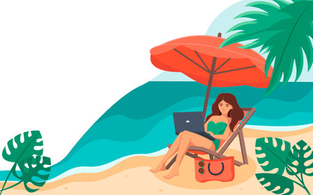 The girl is sitting on a chaise longue with a laptop on her lap, under an umbrella, against the background of the sea .のイラスト素材