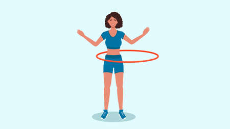 A woman in a tank top and shorts twirls a hoop . A character for animation .のイラスト素材
