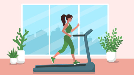 A woman in the room is running on a treadmill . A room with plants and a large window with a view of the city . The concept of a healthy lifestyle .のイラスト素材
