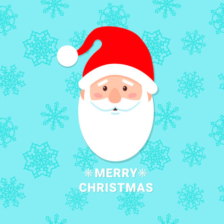 Santa Claus s head on a blue background with the text merry Christmas . Seamless blue background with snowflakes.のイラスト素材